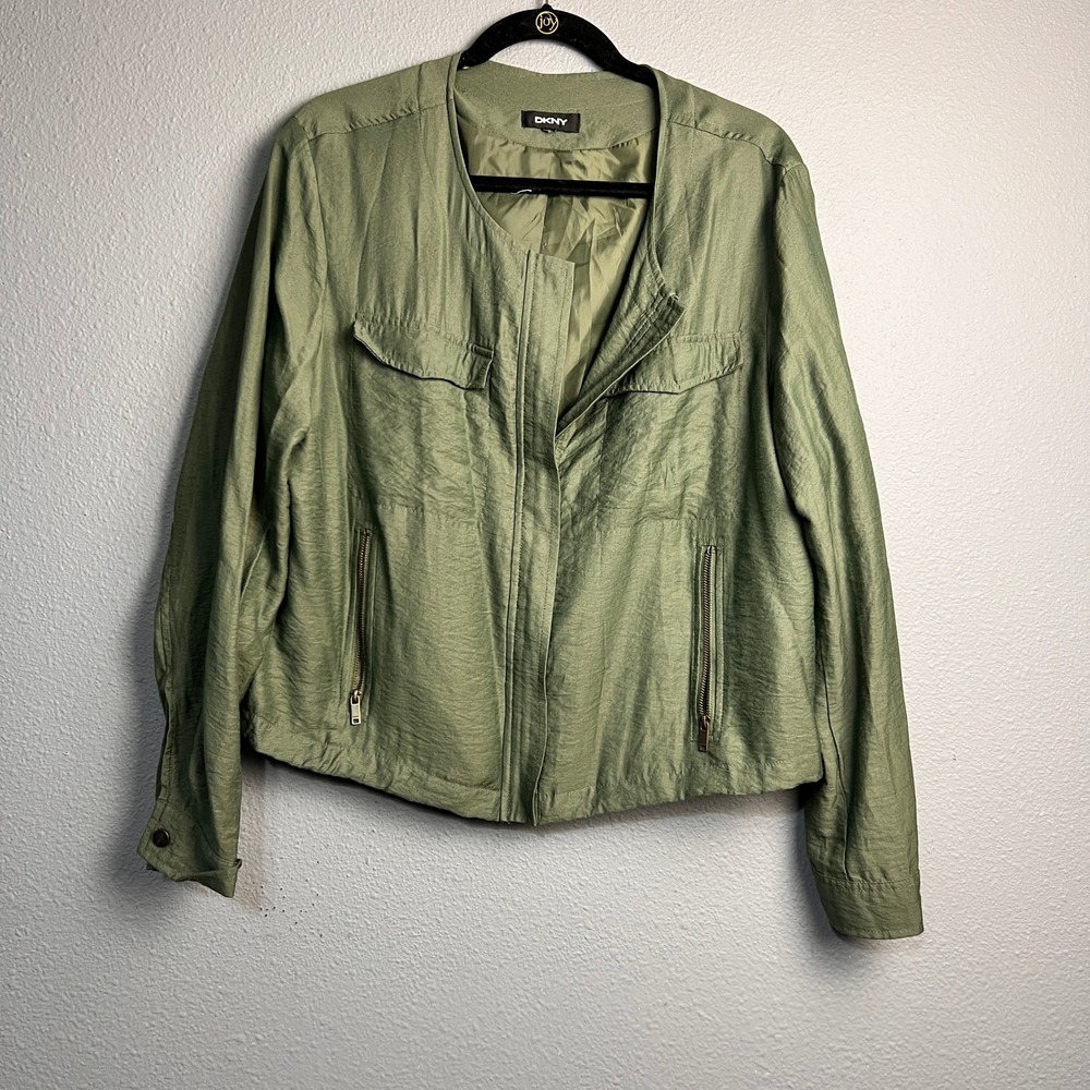 DKNY Womens Lg Olive Green Gorpcore‎ Utility Full Zip Collarless Jacket Pleated